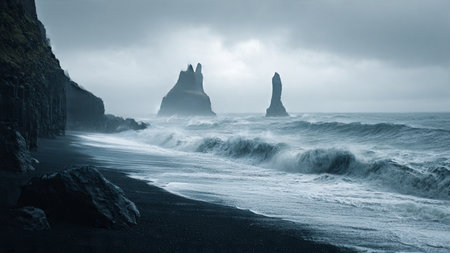 Black sand beach in Reynisfjara, Iceland. Toned.