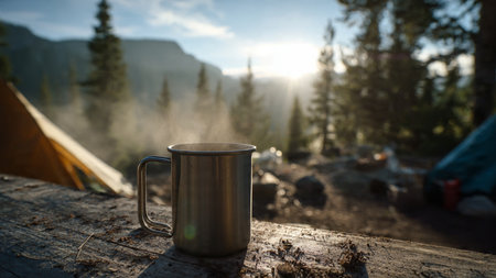Cup of coffee on a wooden table in the mountains at dawnの写真素材