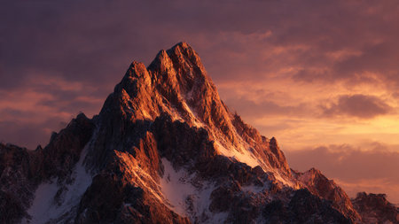 Sunset in the mountains with snow-capped peaks and clouds
