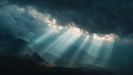 Sunbeams breaking through the clouds in the mountains. 3d renderingの写真素材