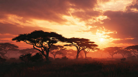 African savannah with acacia trees at sunset, Kenya, Africaの写真素材