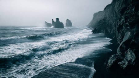 Famous Reynisfjara cliffs, Iceland. Toned.