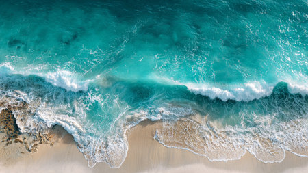 Aerial view of turquoise ocean wave on sandy beach.