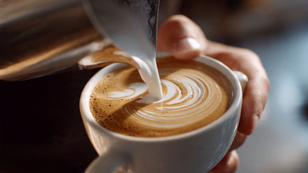 Barista pouring milk into cup of latte art coffee, closeupの写真素材