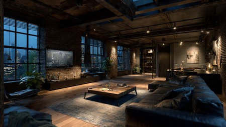 3d rendering of a loft living room with panoramic windowsの写真素材