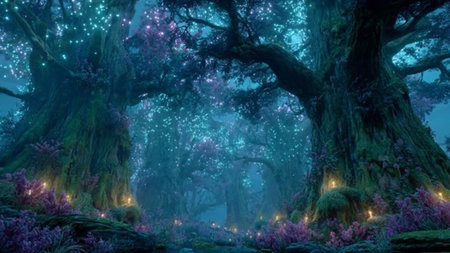 Beautiful magic forest with fog and light in the forest. 3d rendering