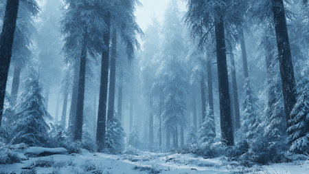 Foggy winter forest with snow covered trees. Color toning applied.の写真素材