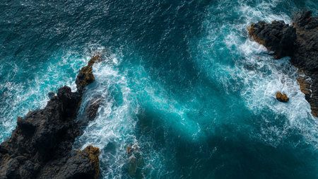 Aerial view of the waves crashing on the rocks in the ocean