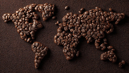 Coffee beans on world map, can be used as backgroundの写真素材
