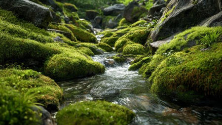 Mossy rocks and small stream in the forest. Beautiful nature background.の写真素材