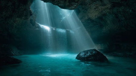 Underwater cave with light rays coming out of the water. 3D rendering