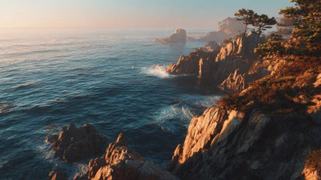 Beautiful seascape at sunset. Panoramic view of the rocky coast.の写真素材