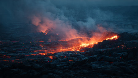 Hawaii volcano eruption with lava and ash, Hawaii Volcanoes National Parkの写真素材