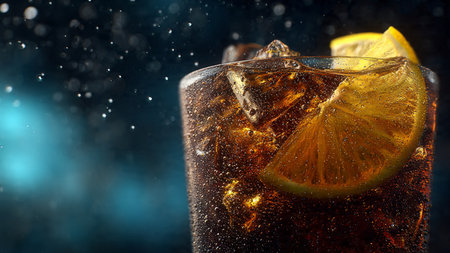 Glass of cola with ice cubes and slice of lemon on black background