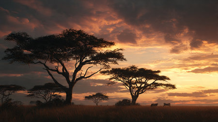 African savannah with acacia trees at sunset, Serengeti National Park, Tanzania