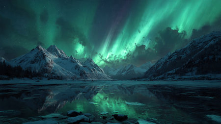 Aurora borealis northern lights over snowy mountains in winter.の写真素材