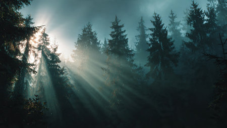 Foggy morning in the spruce forest. Landscape.
