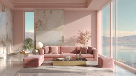 Interior of a modern living room with a pink sofa 3D rendering