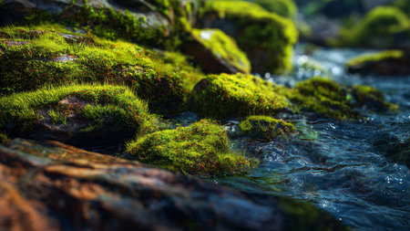 Mossy rocks on the shore of a mountain river. Shallow depth of fieldの写真素材