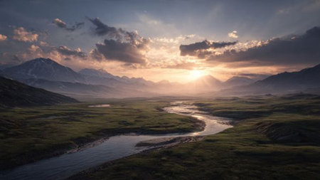 Landscape with river and mountains at sunset, Kyrgyzstanの写真素材
