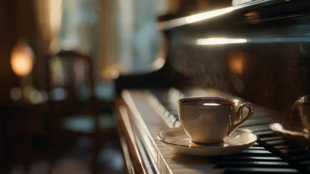 Cup of coffee and piano, shallow depth of fieldの写真素材