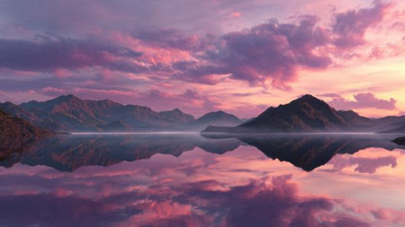 beautiful sunset over the lake 3d render of a mountain landscapeの写真素材