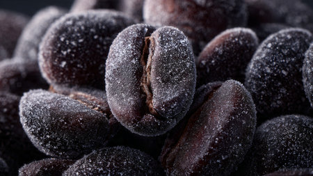 Frozen coffee beans on a dark background. Close-up.の写真素材
