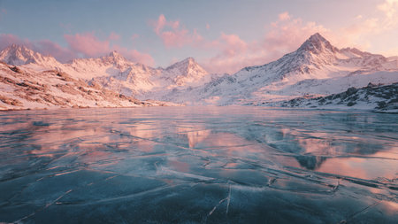 Sunset over the frozen lake. Lofoten islands, Norway