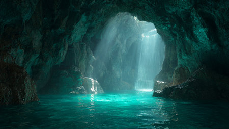 Underwater view of a cave with a waterfall in the middle.の写真素材
