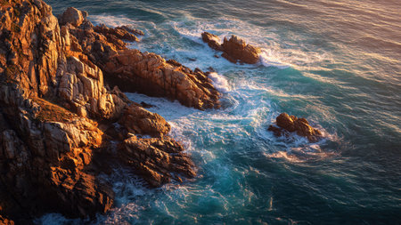 Beautiful seascape with rocks and ocean waves at sunset.の写真素材