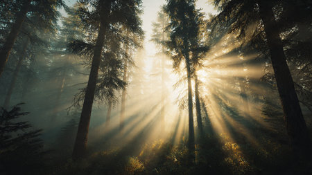 Misty sunrise in the forest with sunbeams and lens flareの写真素材