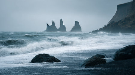 Black Reynisfjara cliffs in Atlantic ocean, Iceland. Toned.