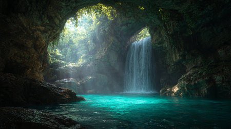 Waterfall in a cave at the island of Koh Samui, Thailandの写真素材