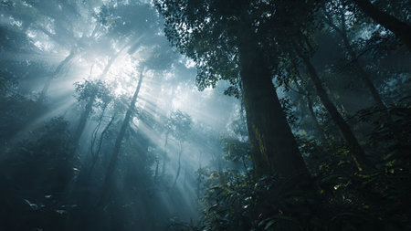 Tropical rainforest in the morning with sunbeams and fogの写真素材