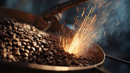 Coffee beans being roasted in a roasting pan with sparksの写真素材