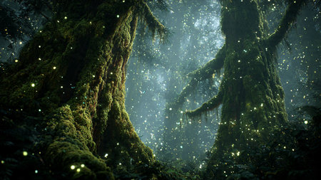 Mysterious green forest with glowing stars. 3D rendering.