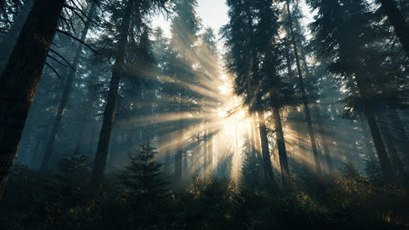 Foggy morning in the coniferous forest. Sun raysの写真素材
