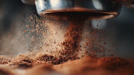 Pouring ground coffee into a filter, close-up shot.の写真素材