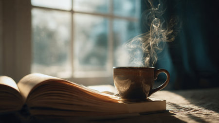 Cup of coffee and books on the windowsill in the morningの写真素材