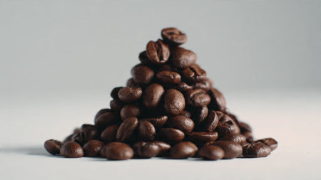 Coffee beans in a pyramid shape on a white background.の写真素材
