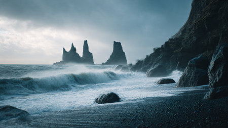 Famous Reynisdrangar rock formations on Reynisfjara beach, Icelandの写真素材