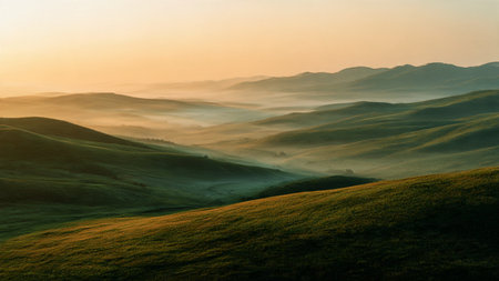 Morning fog in the mountains. Beautiful morning landscape.
