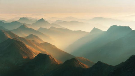 Mountain landscape in the morning mist. Sunrise over the mountains.の写真素材