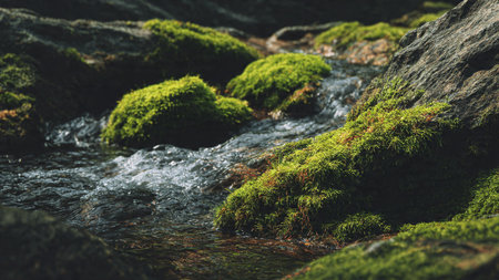 Moss on the rocks and flowing stream in the forest. Nature backgroundの写真素材