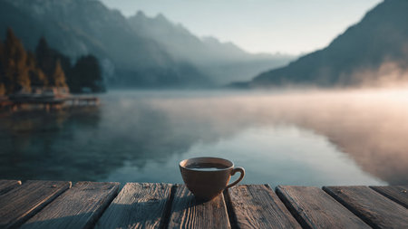 Cup of coffee on wooden table with foggy lake in backgroundの写真素材