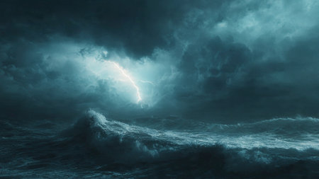 Stormy sky with lightning in the ocean. 3D illustration.