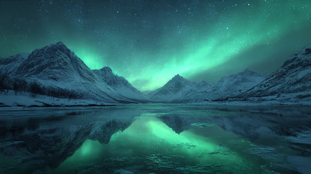 Aurora borealis over fjord and mountains in winter