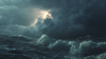 Dark stormy sea with big waves and sun. 3d renderの写真素材