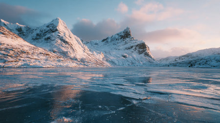 Ice on the frozen lake in winter, Lofoten islands, Norwayの写真素材