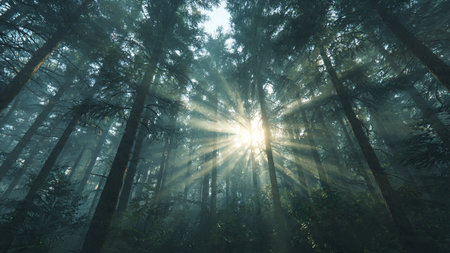 Foggy sunrise in the coniferous forest with sun raysの写真素材